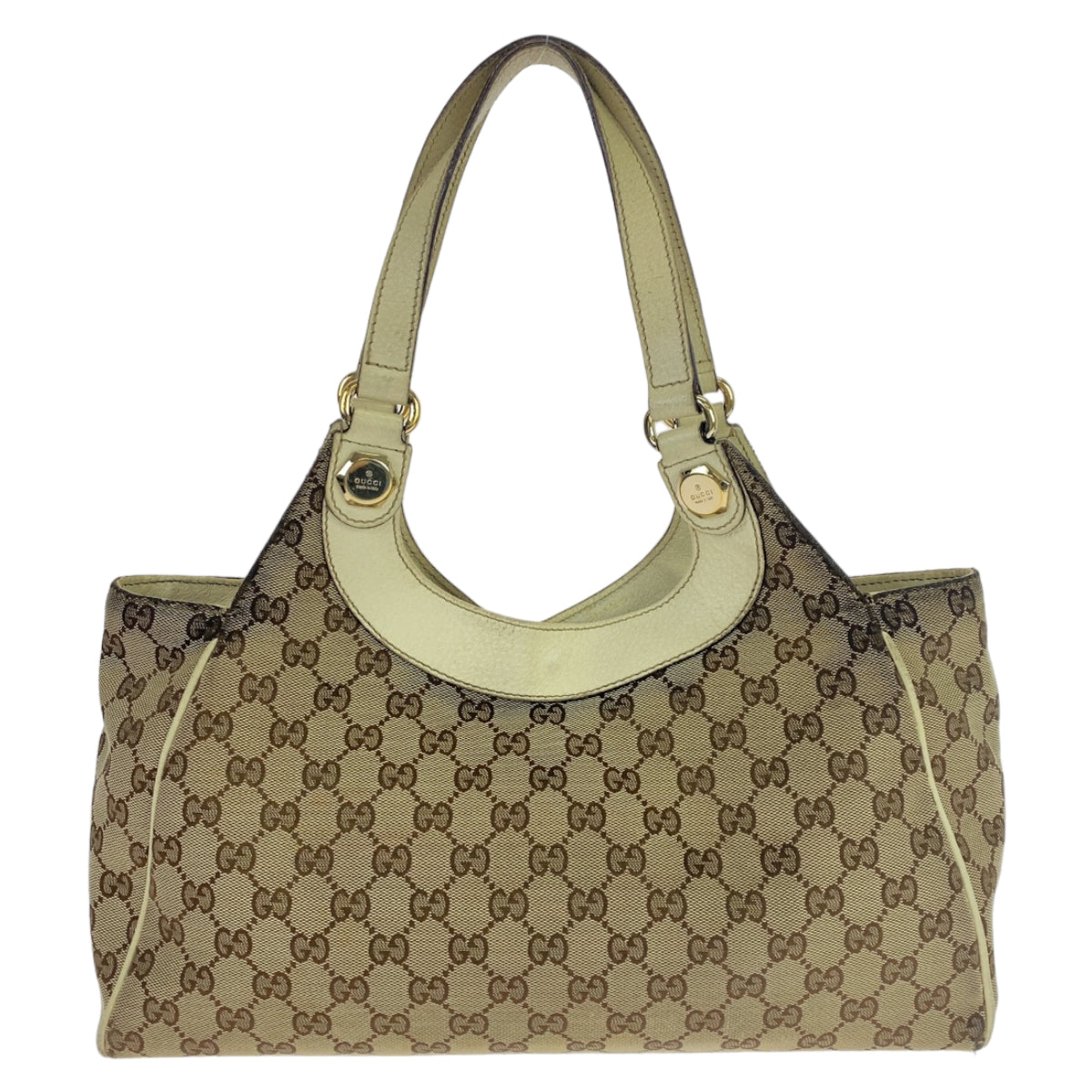 Gucci Beige White GG Canvas Leather Shoulder Tote Bag in Very Good Condition