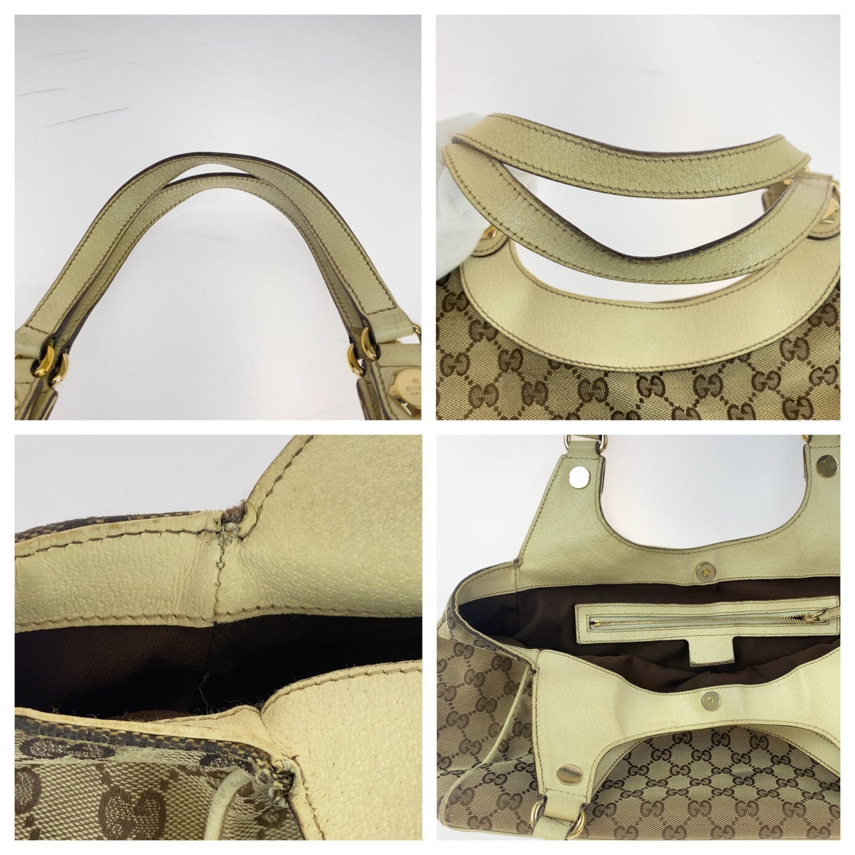 Gucci Beige White GG Canvas Leather Shoulder Tote Bag in Very Good Condition