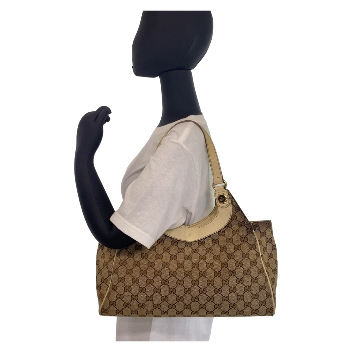 Gucci Beige White GG Canvas Leather Shoulder Tote Bag in Very Good Condition