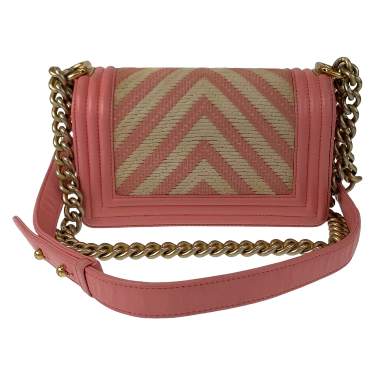 Chanel Boy Chevron V-Stitch Straw/Leather Shoulder Bag 406799 in Very Good Condition