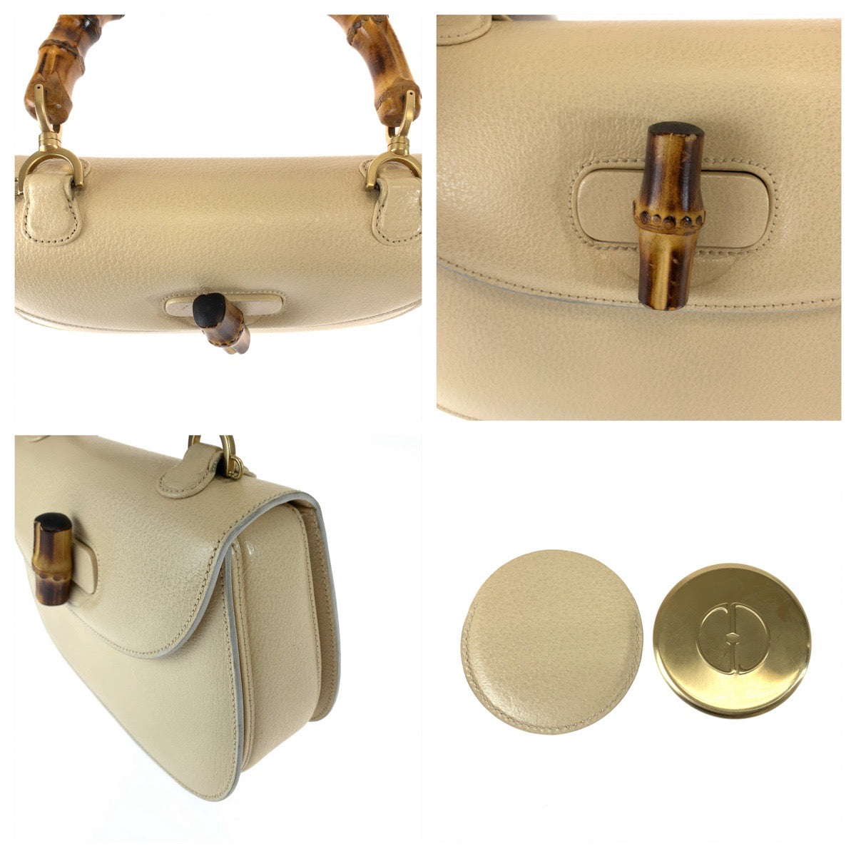 Gucci Bamboo Leather Handbag Off-White Beige