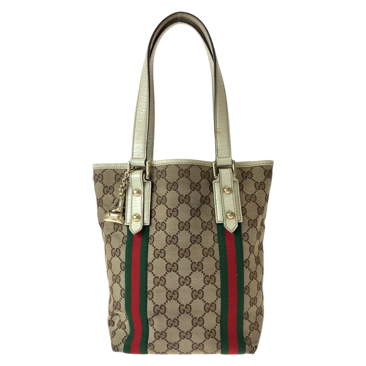 Gucci GG Canvas/Leather Tote Bag with Charm, Brown/Ivory, Gold Hardware in Very Good Condition