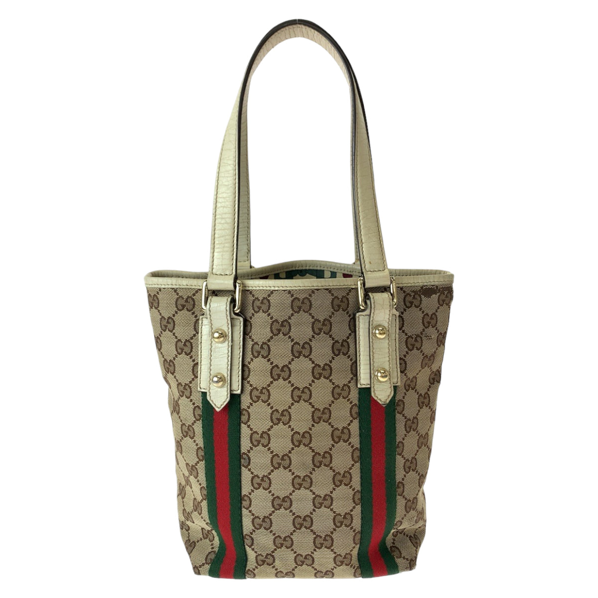 Gucci GG Canvas/Leather Tote Bag with Charm, Brown/Ivory, Gold Hardware in Very Good Condition