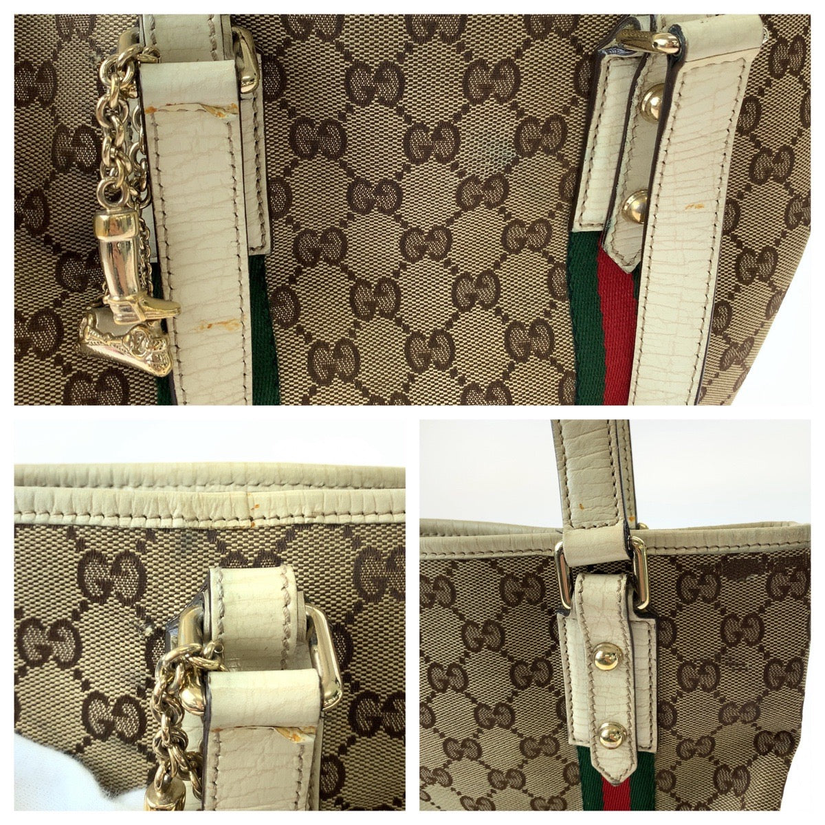 Gucci GG Canvas/Leather Tote Bag with Charm, Brown/Ivory, Gold Hardware in Very Good Condition