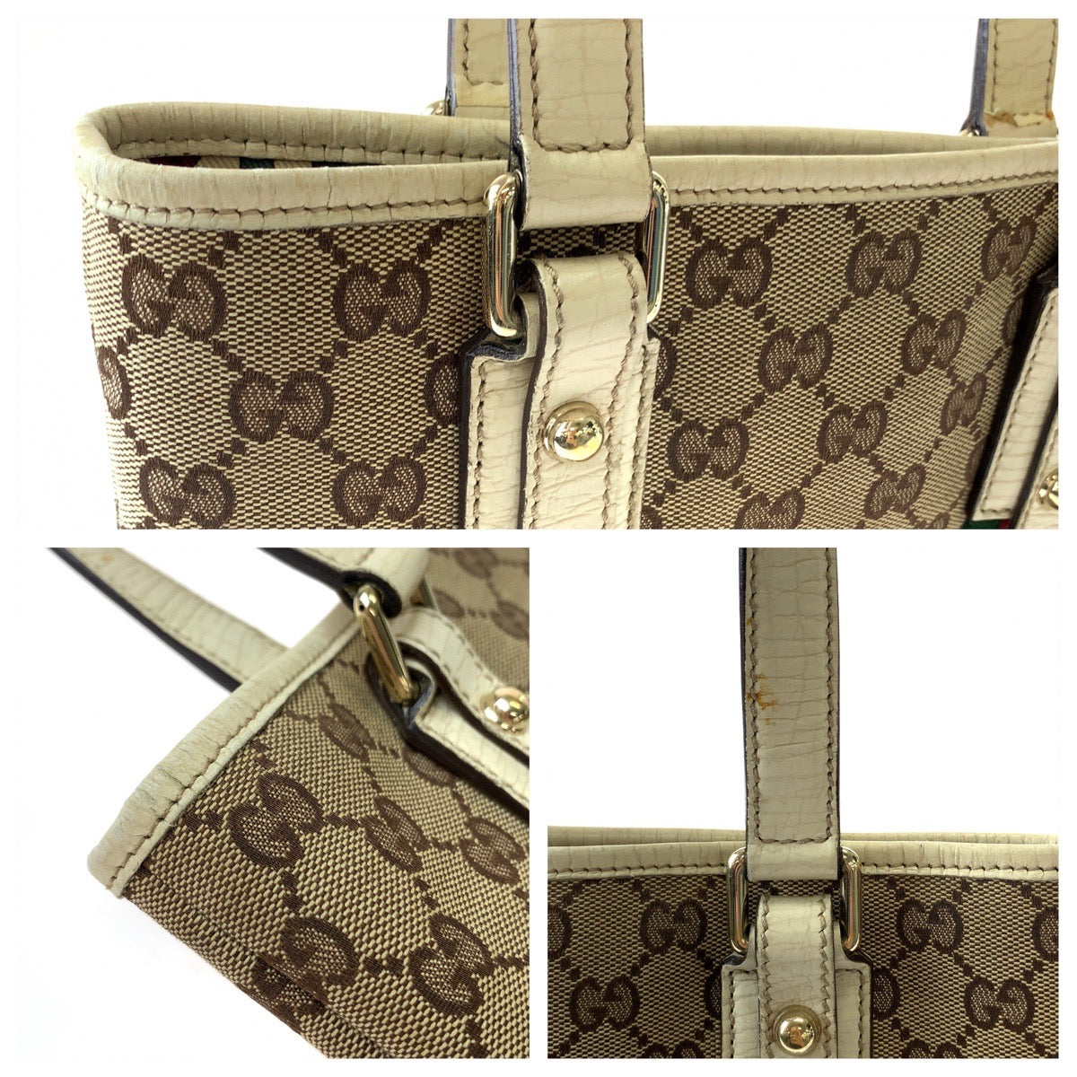 Gucci GG Canvas/Leather Tote Bag with Charm, Brown/Ivory, Gold Hardware in Very Good Condition