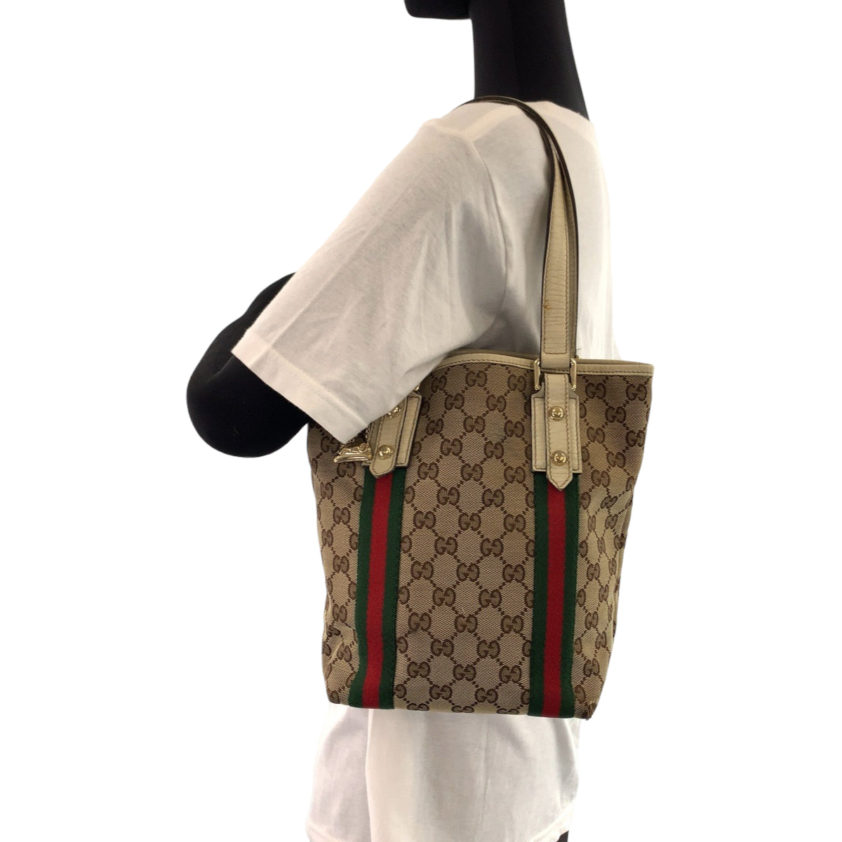 Gucci GG Canvas/Leather Tote Bag with Charm, Brown/Ivory, Gold Hardware in Very Good Condition