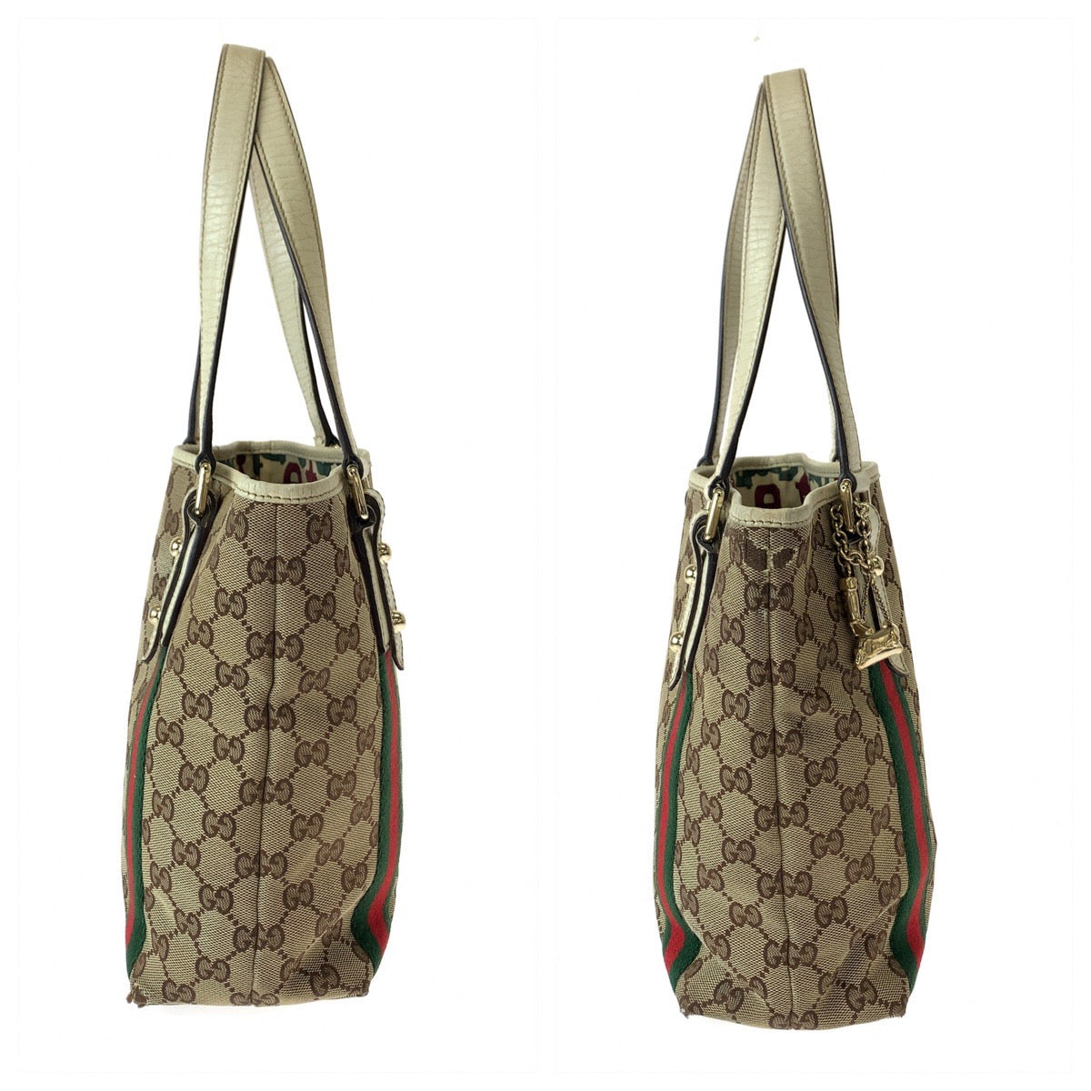 Gucci GG Canvas/Leather Tote Bag with Charm, Brown/Ivory, Gold Hardware in Very Good Condition