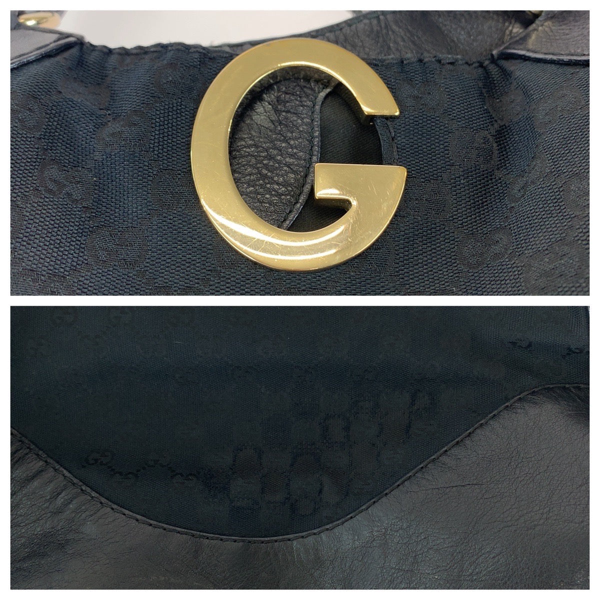 Gucci Black GG Canvas Leather Tote Bag