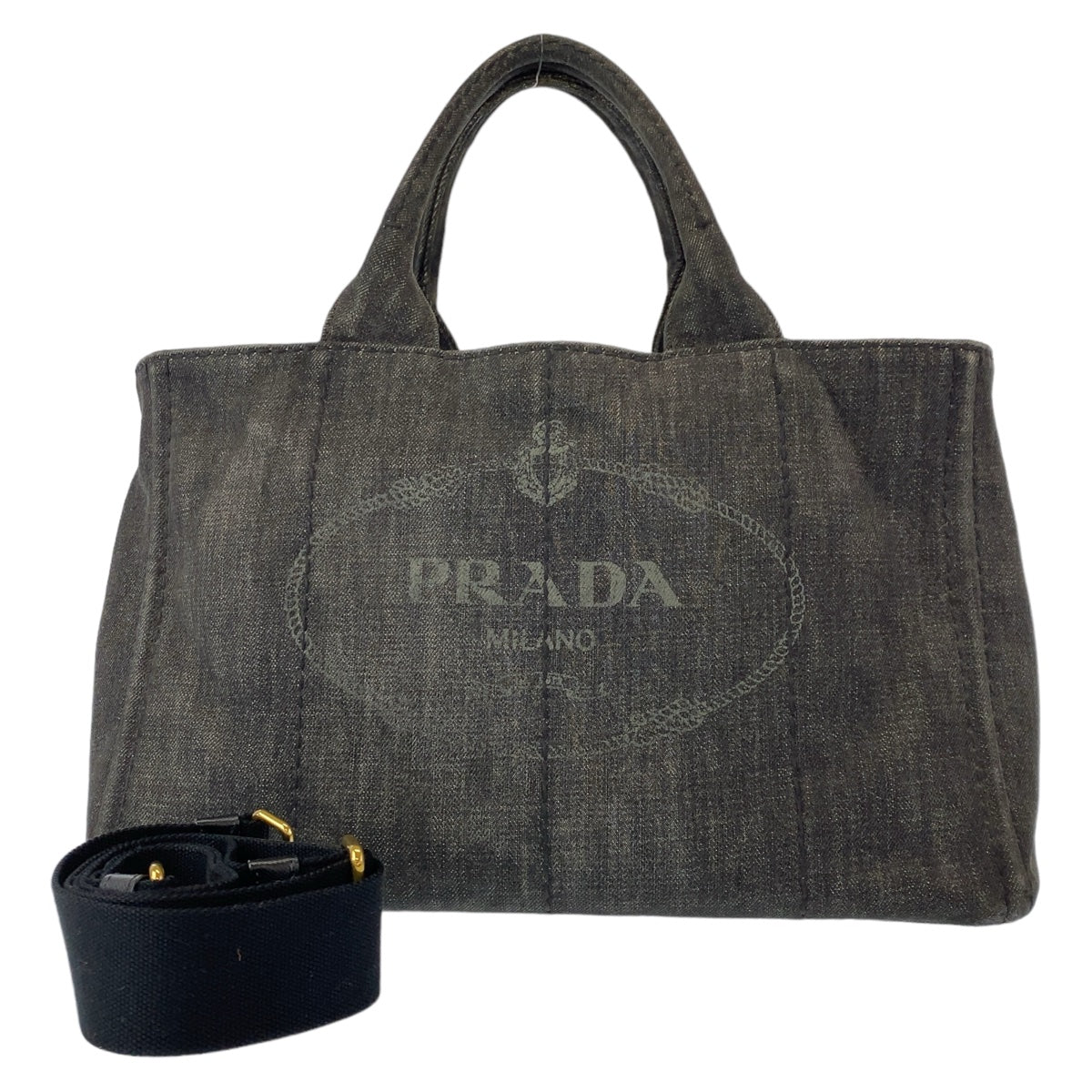 Prada Cotton Denim Canapa Tote Bag Triangle Logo Plate in Very Good Condition