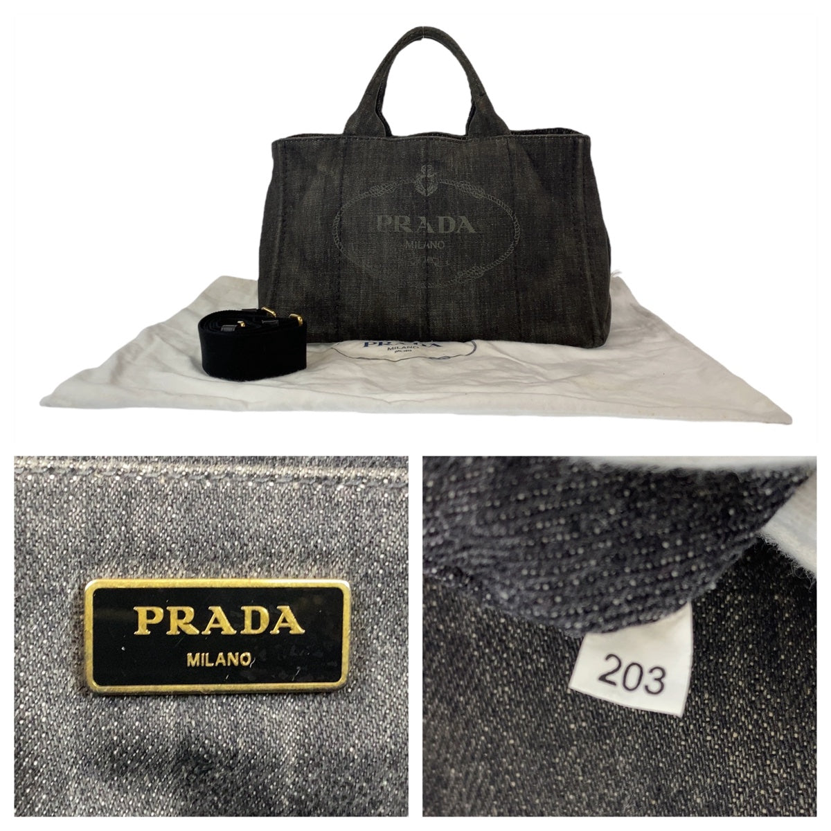 Prada Cotton Denim Canapa Tote Bag Triangle Logo Plate in Very Good Condition