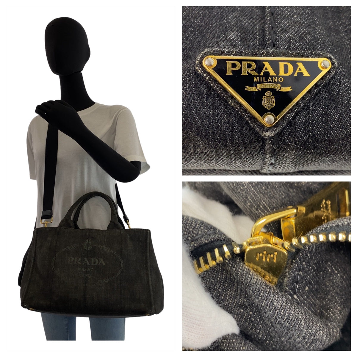 Prada Cotton Denim Canapa Tote Bag Triangle Logo Plate in Very Good Condition