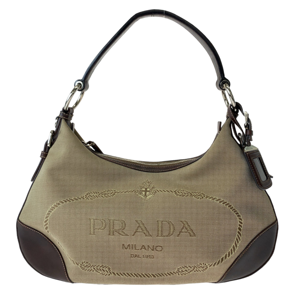 Prada Logo Jacquard Leather Canvas Shoulder Bag