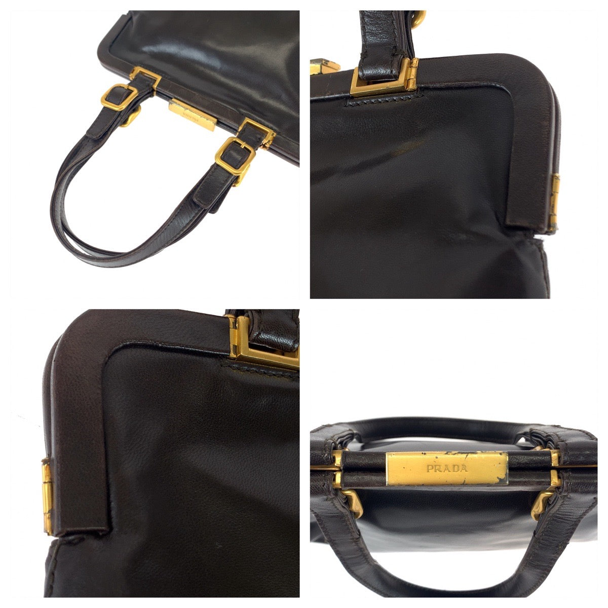 Prada Leather Handbag Dark Brown Gold