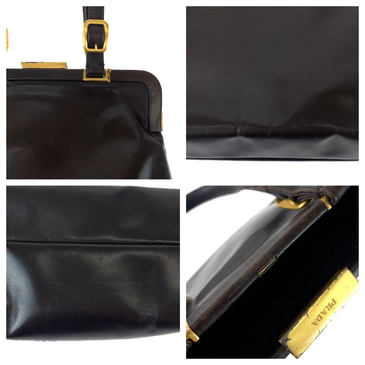 Prada Leather Handbag Dark Brown Gold