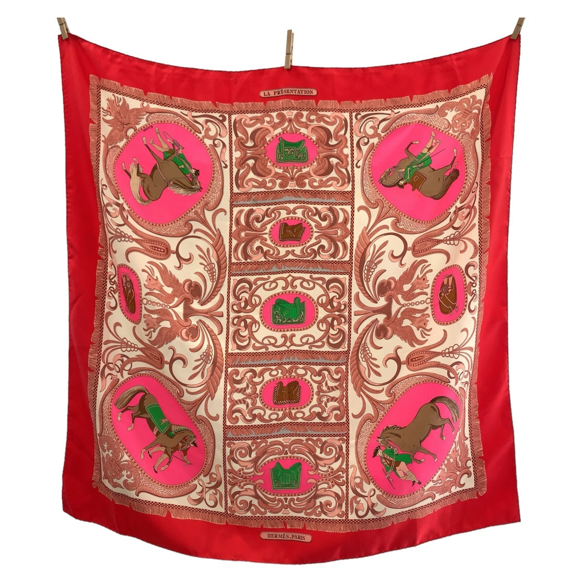 Hermes Silk Scarf Carré 90 Red Pink Brown in Very Good Condition