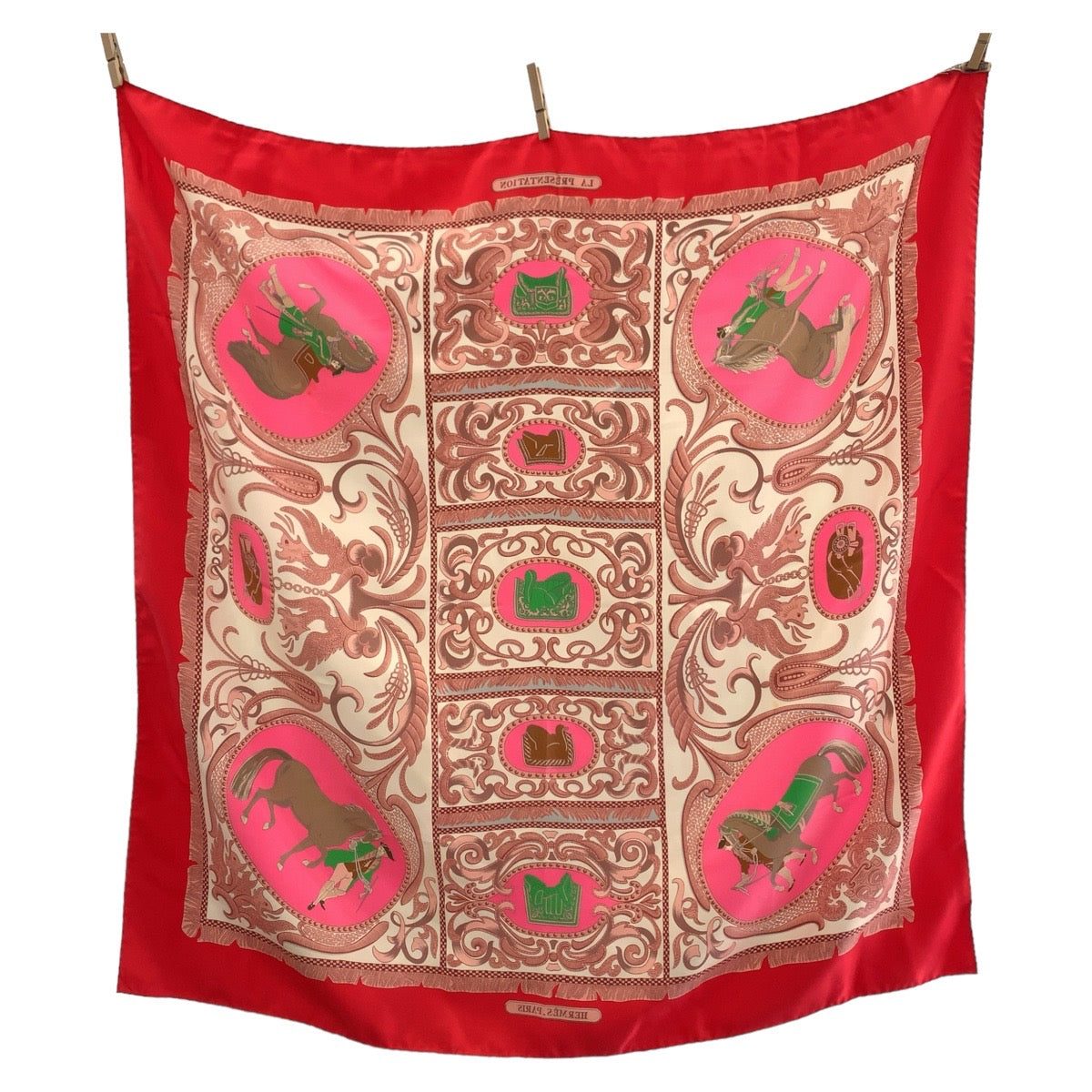 Hermes Silk Scarf Carré 90 Red Pink Brown in Very Good Condition