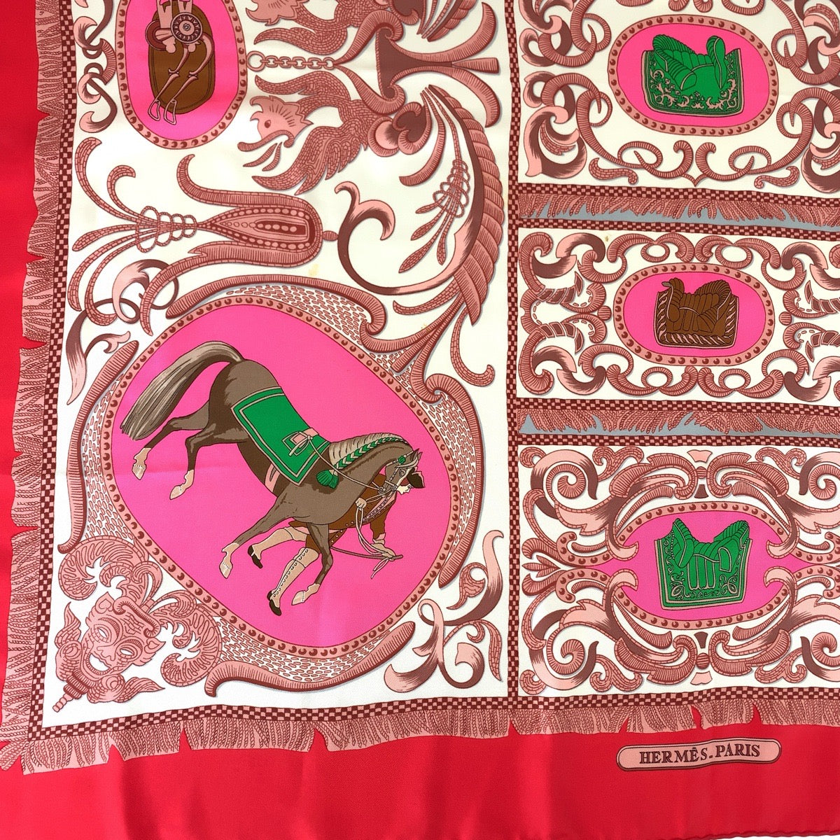 Hermes Silk Scarf Carré 90 Red Pink Brown in Very Good Condition