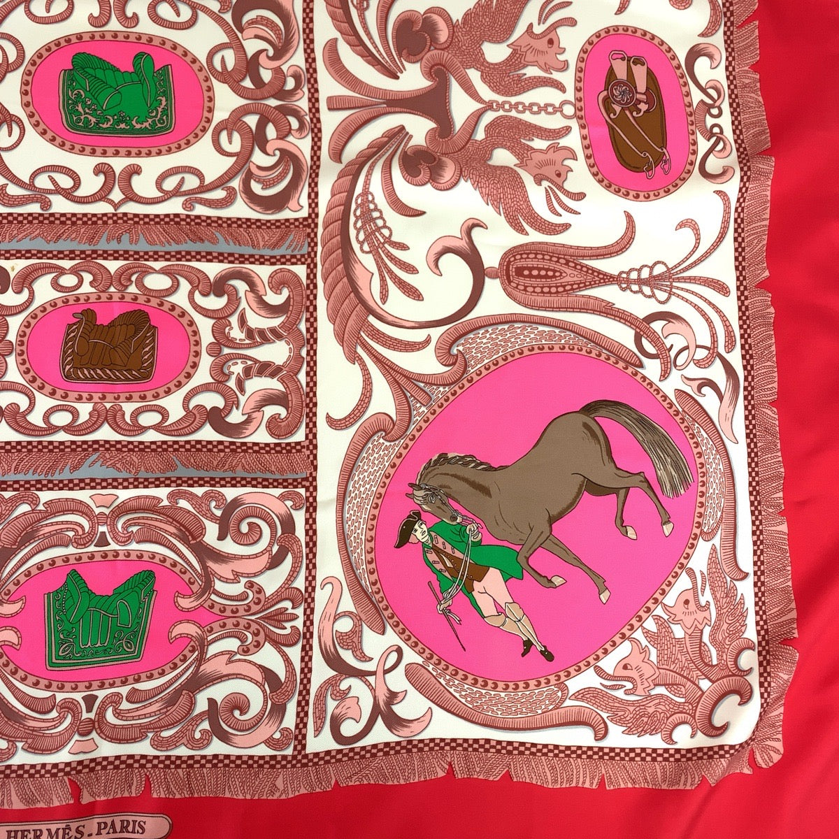 Hermes Silk Scarf Carré 90 Red Pink Brown in Very Good Condition