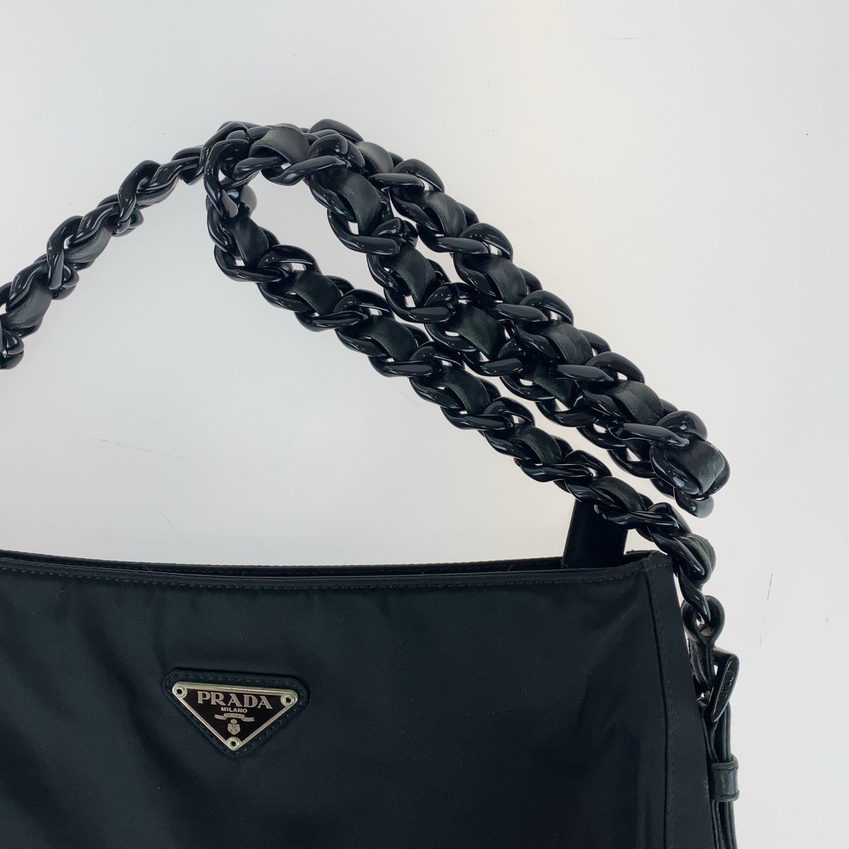 Prada Nylon/Leather Tessuto Triangle Logo Plate Chain Shoulder Bag in Very Good Condition