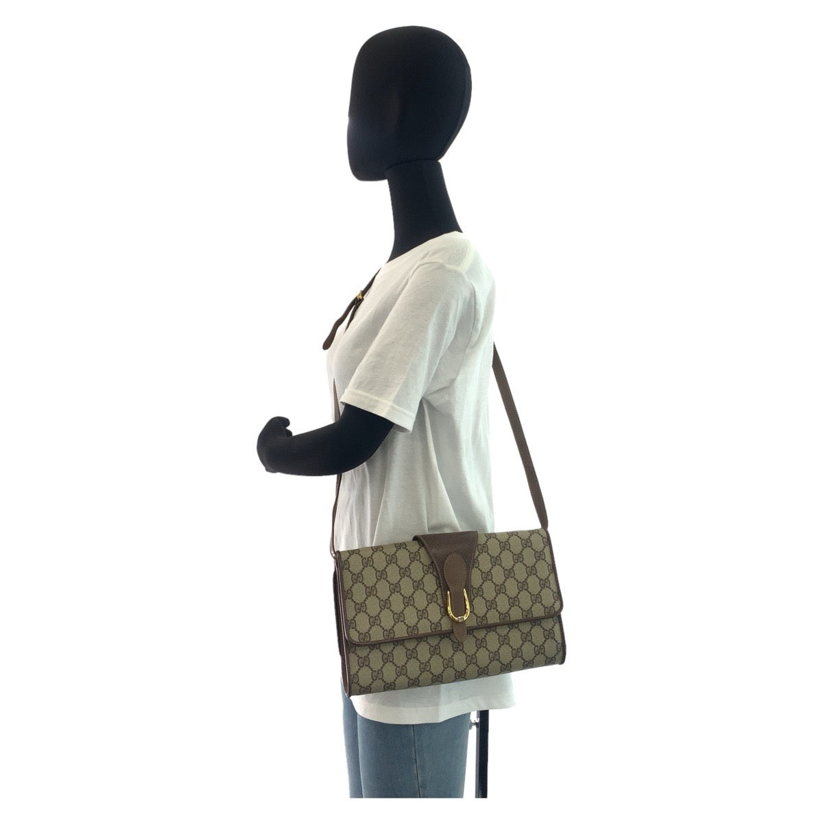 Gucci Old GG Pattern Beige Brown PVC Shoulder Bag in Very Good Condition