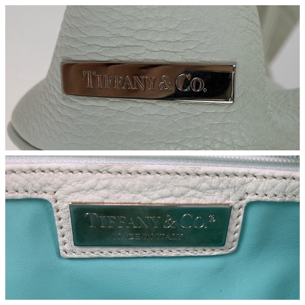 Tiffany & Co White Light Blue Leather Tote Shoulder Bag in Very Good Condition