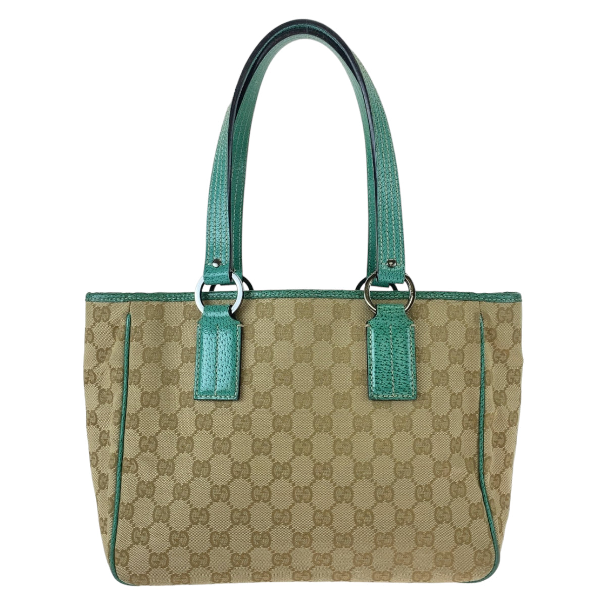 Gucci Beige Green Silver GG Canvas Leather Tote Bag in Very Good Condition