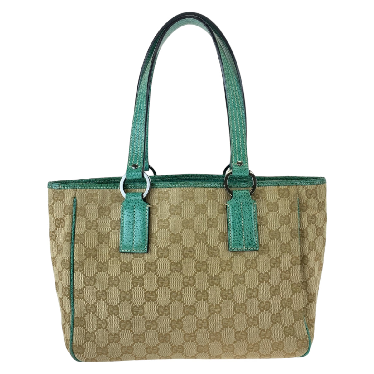 Gucci Beige Green Silver GG Canvas Leather Tote Bag in Very Good Condition