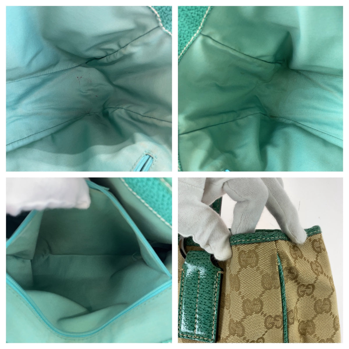 Gucci Beige Green GG Canvas Leather Tote Bag