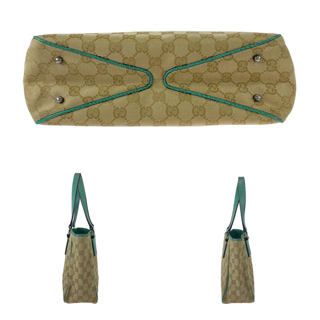 Gucci Beige Green GG Canvas Leather Tote Bag