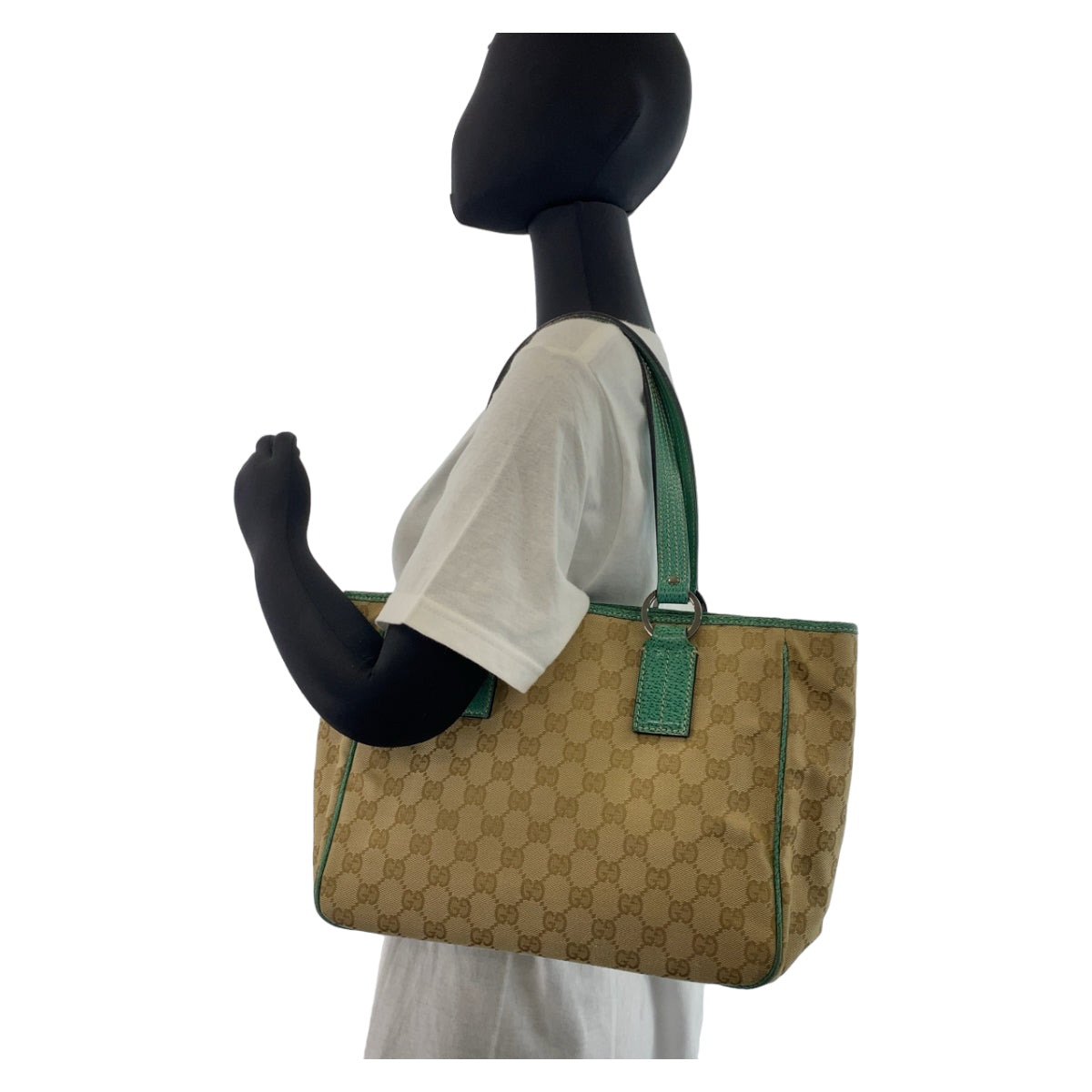 Gucci Beige Green Silver GG Canvas Leather Tote Bag in Very Good Condition