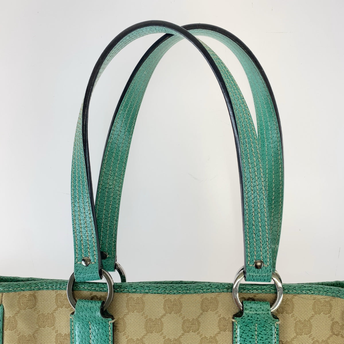 Gucci Beige Green Silver GG Canvas Leather Tote Bag in Very Good Condition