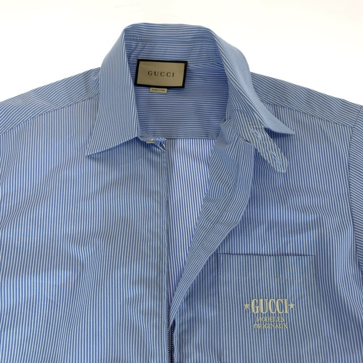 Gucci Embroidery Logo Cotton Shirt Blue White in Excellent Condition