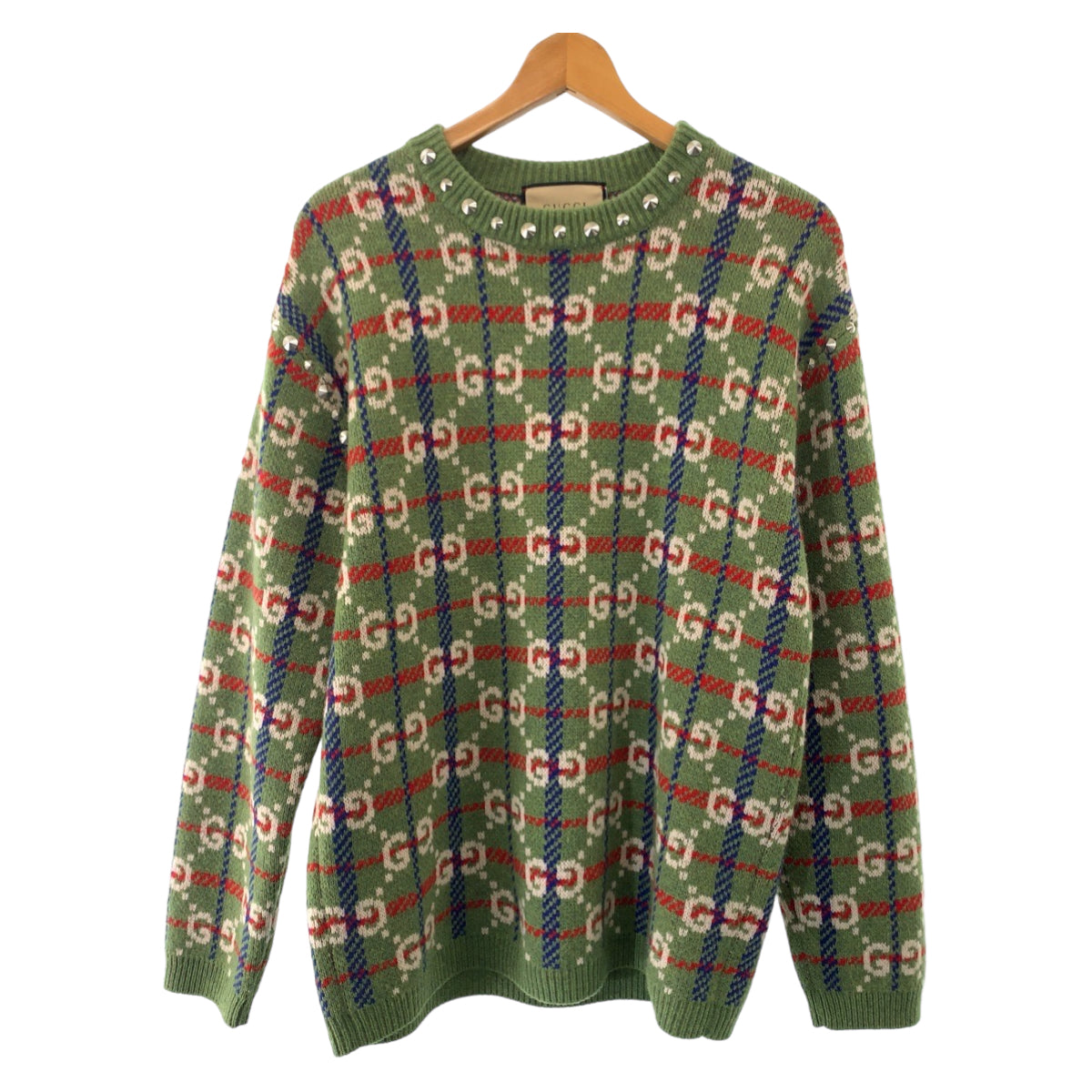 Gucci Wool/Metal Sweater with Neck Studs, GG Pattern, Size S in Excellent Condition