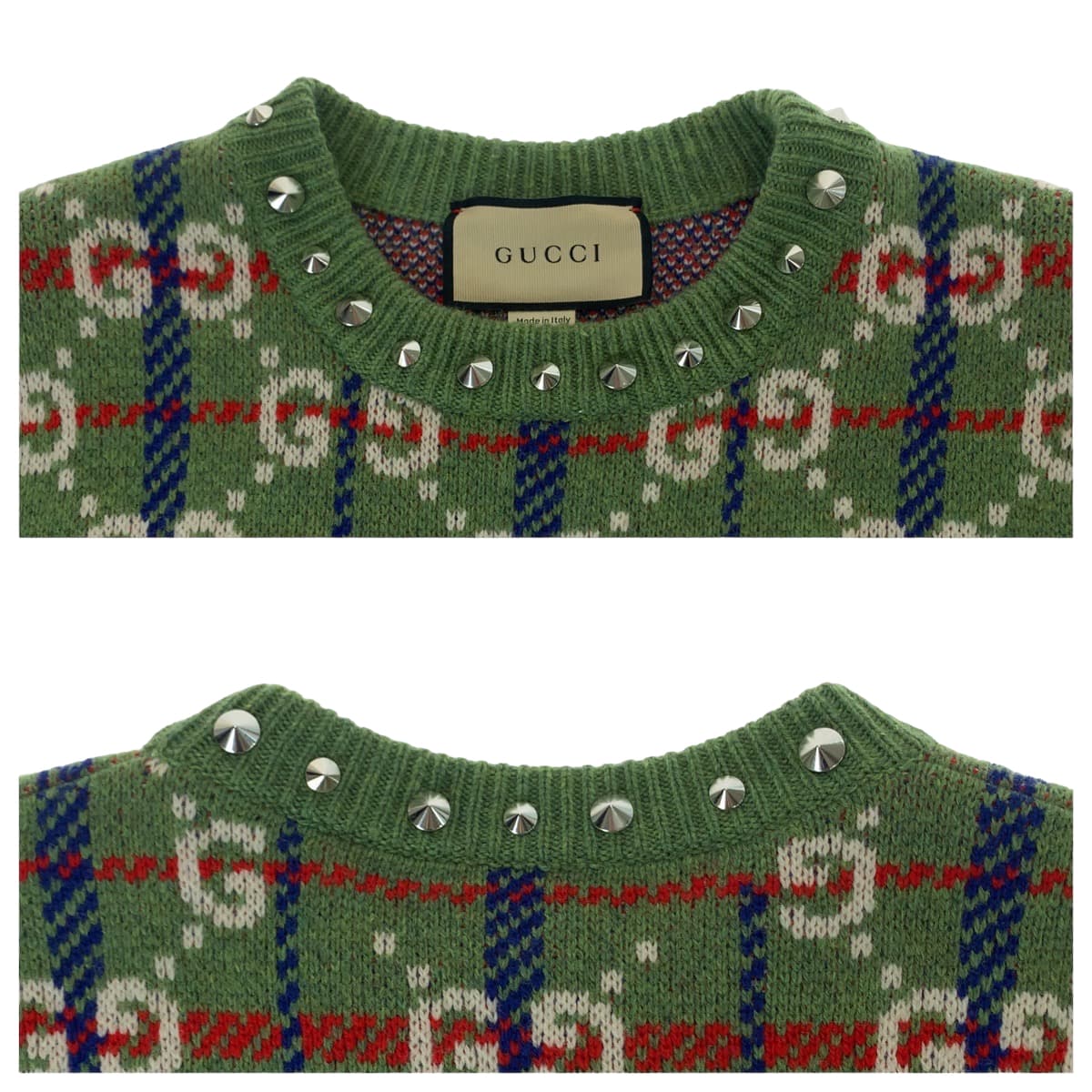 Gucci Wool/Metal Sweater with Neck Studs, GG Pattern, Size S in Excellent Condition