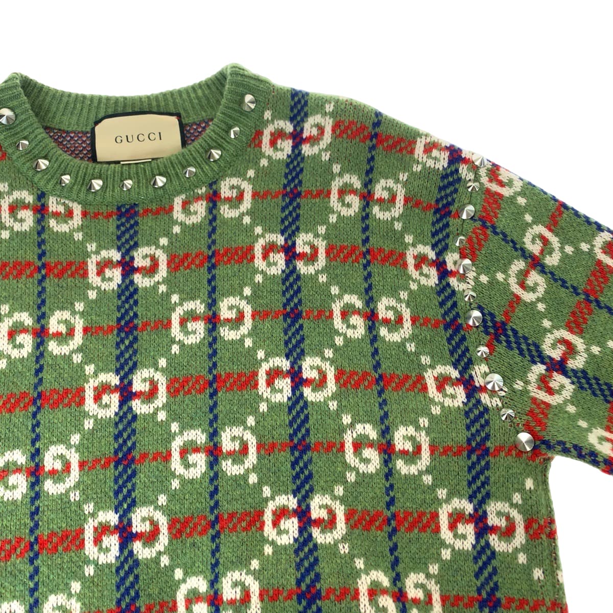 Gucci Wool/Metal Sweater with Neck Studs, GG Pattern, Size S in Excellent Condition