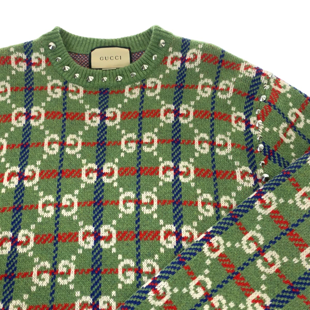 Gucci Wool/Metal Sweater with Neck Studs, GG Pattern, Size S in Excellent Condition