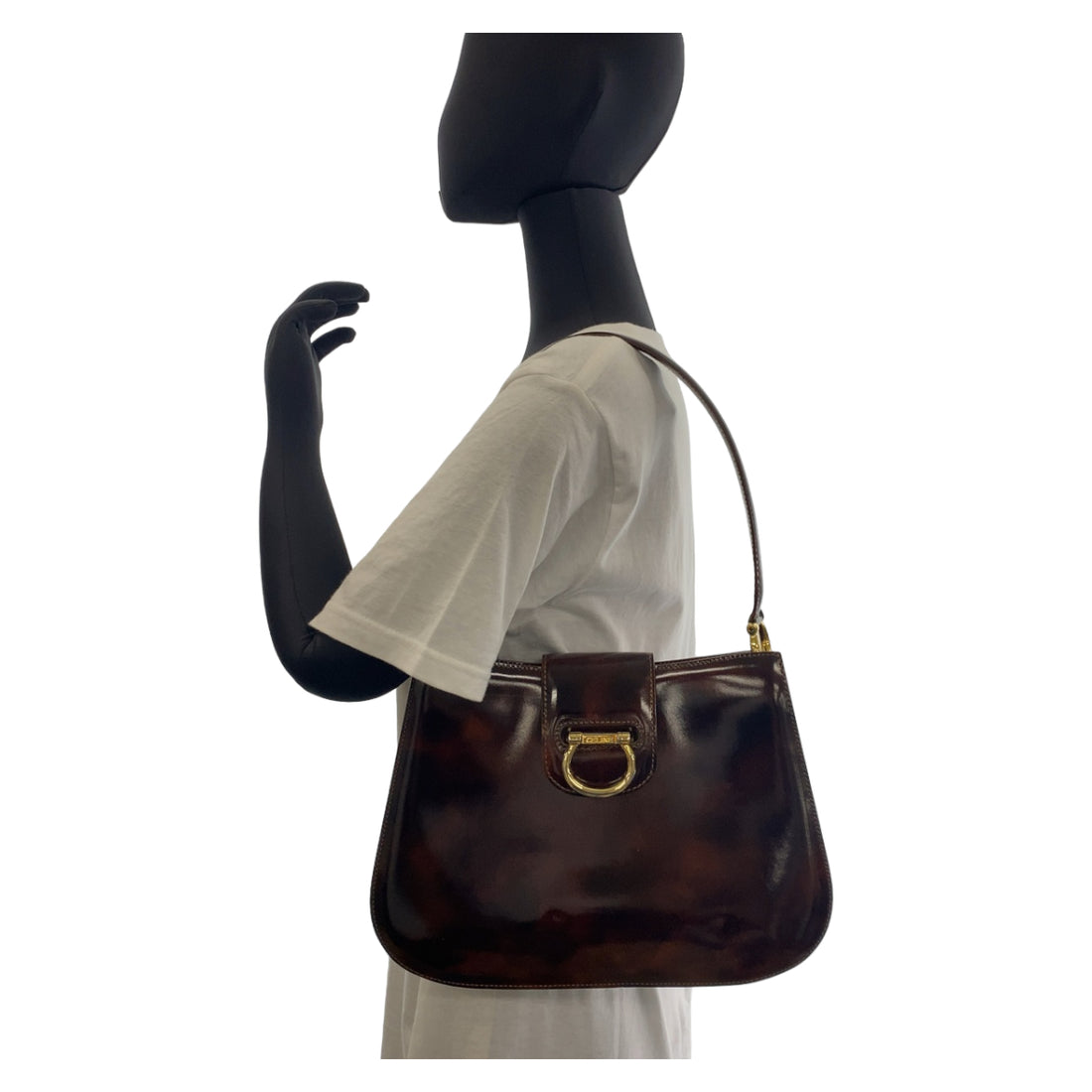 Celine Leather Shoulder Handbag Brown Gold