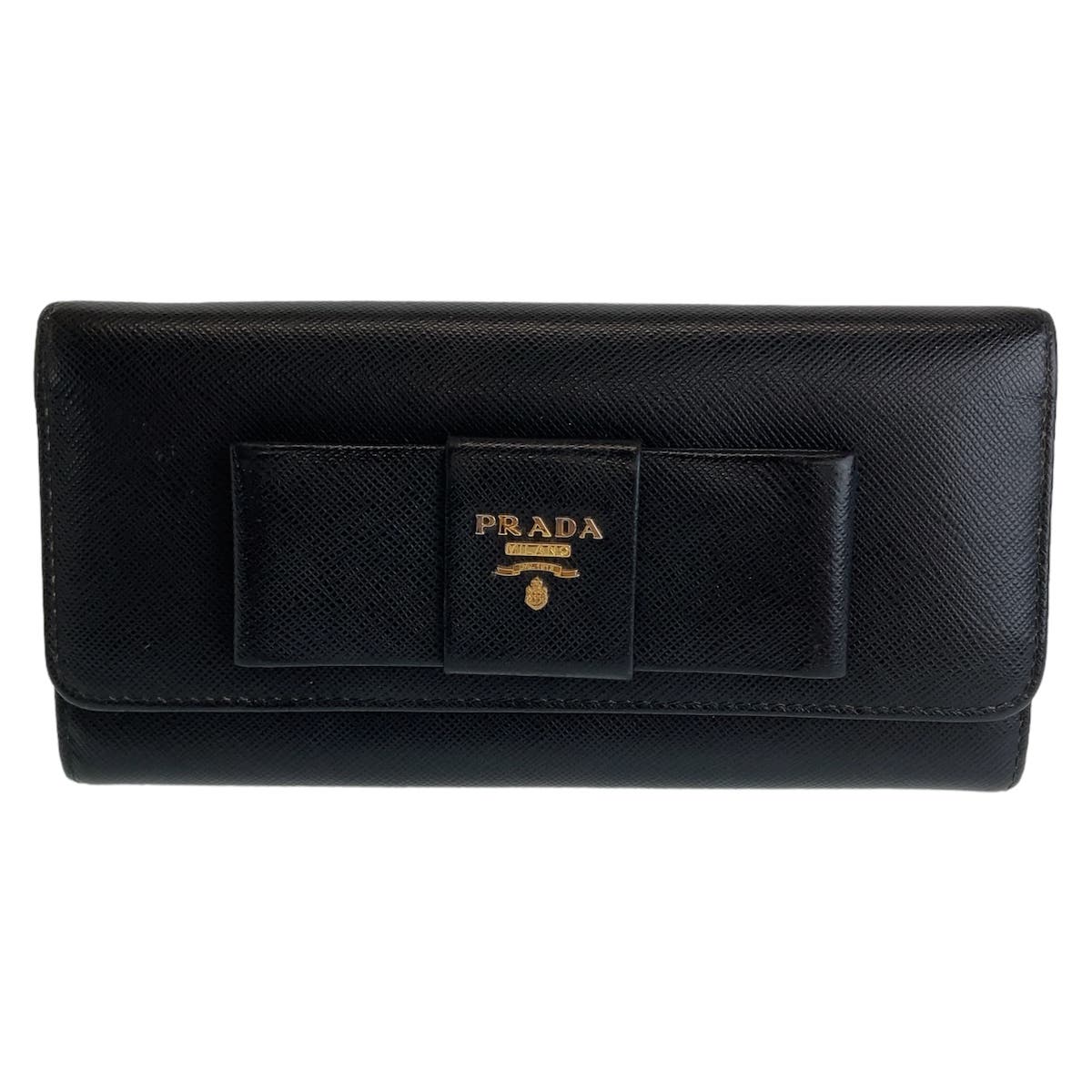 Prada Saffiano Leather Ribbon Long Wallet Black Gold Hardware in Very Good Condition