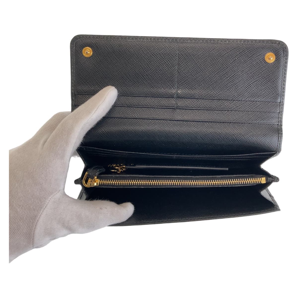 Prada Saffiano Leather Ribbon Long Wallet Black Gold Hardware in Very Good Condition