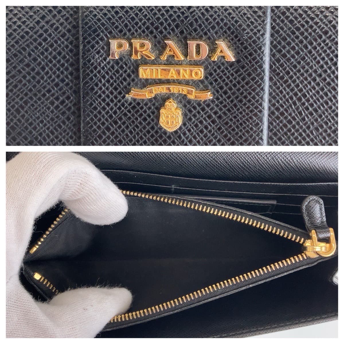 Prada Saffiano Leather Ribbon Long Wallet Black Gold Hardware in Very Good Condition