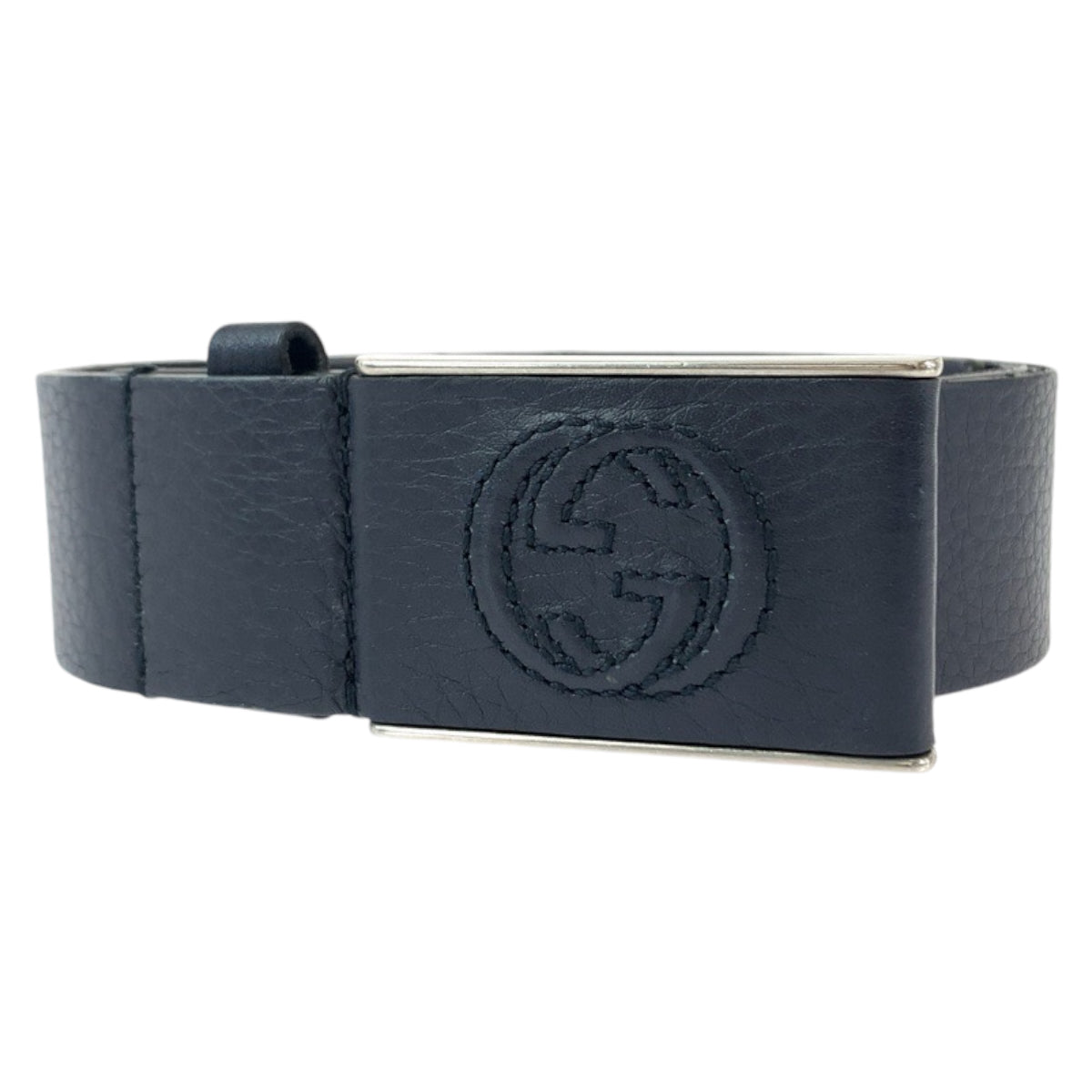 Gucci Leather Interlocking Belt Navy Silver