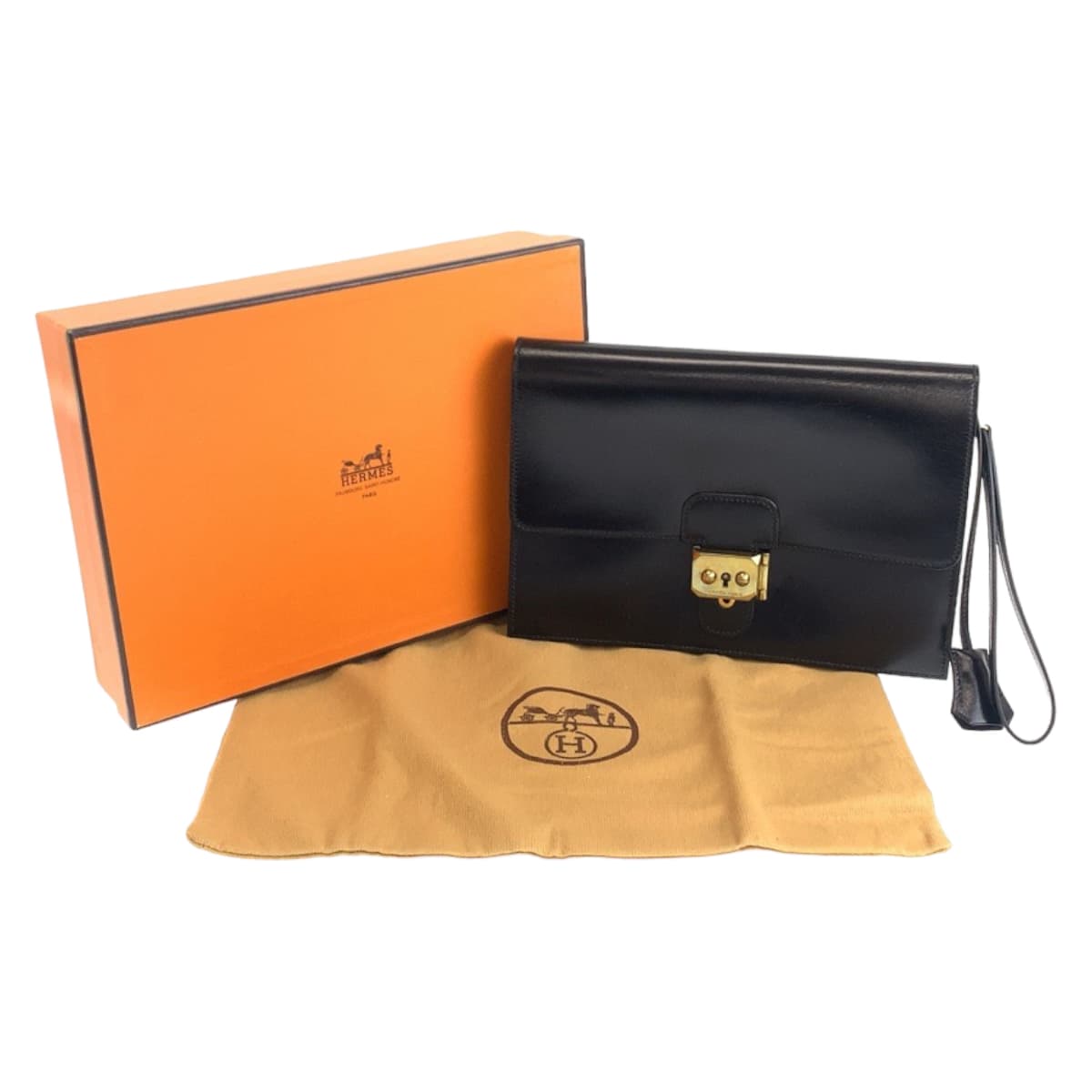 Hermes Box Calf Pochette Jet Clutch Bag Black Gold Hardware in Great Condition