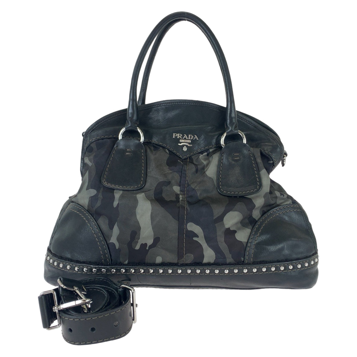 Prada Nylon Leather Camouflage Studded Handbag