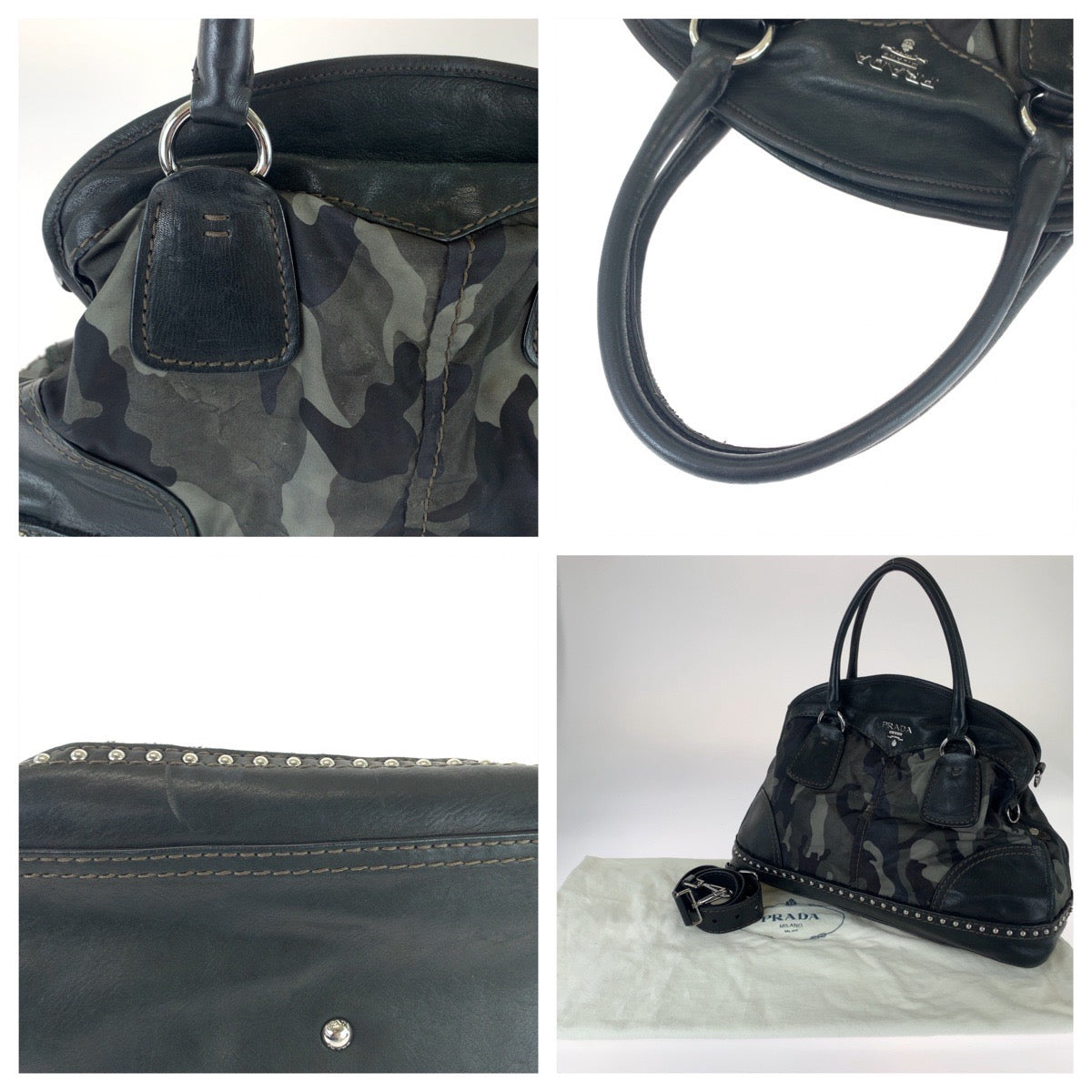 Prada Nylon Leather Camouflage Studded Handbag