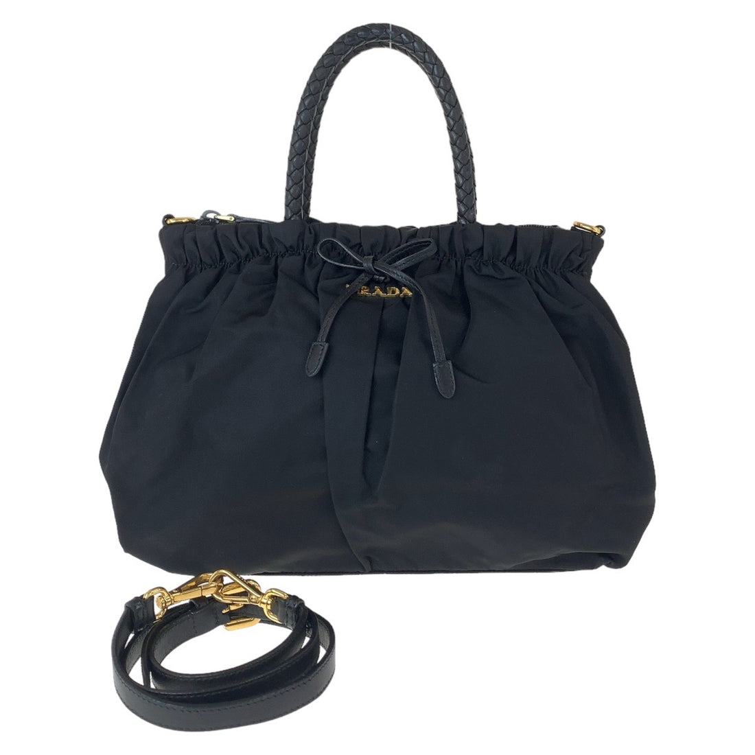 Prada Nylon Leather Black Gold Tote Bag