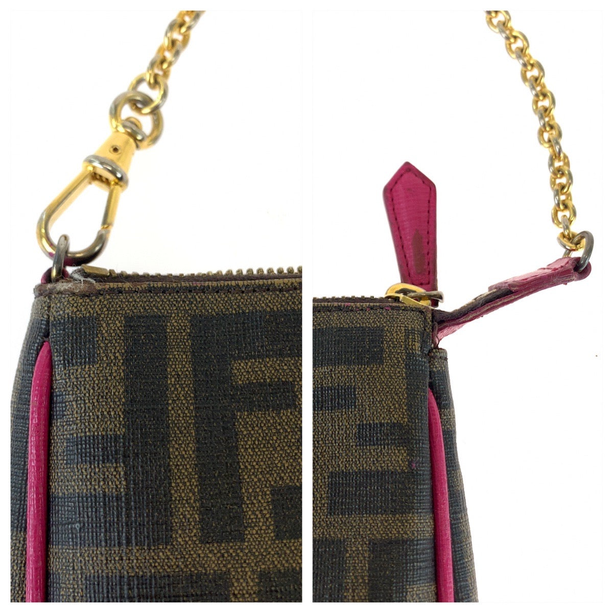 Fendi Leather Zucca Pattern Brown Pink Gold Hardware Handbag Accessory Pouch in Very Good Condition