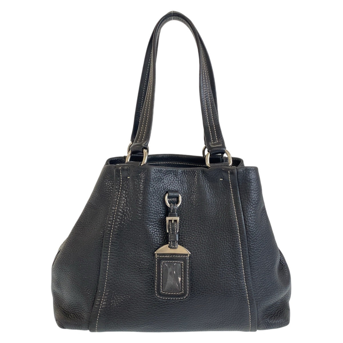 Prada Black Leather Tote Shoulder Bag with Name Tag and Silver Hardware in Very Good Condition