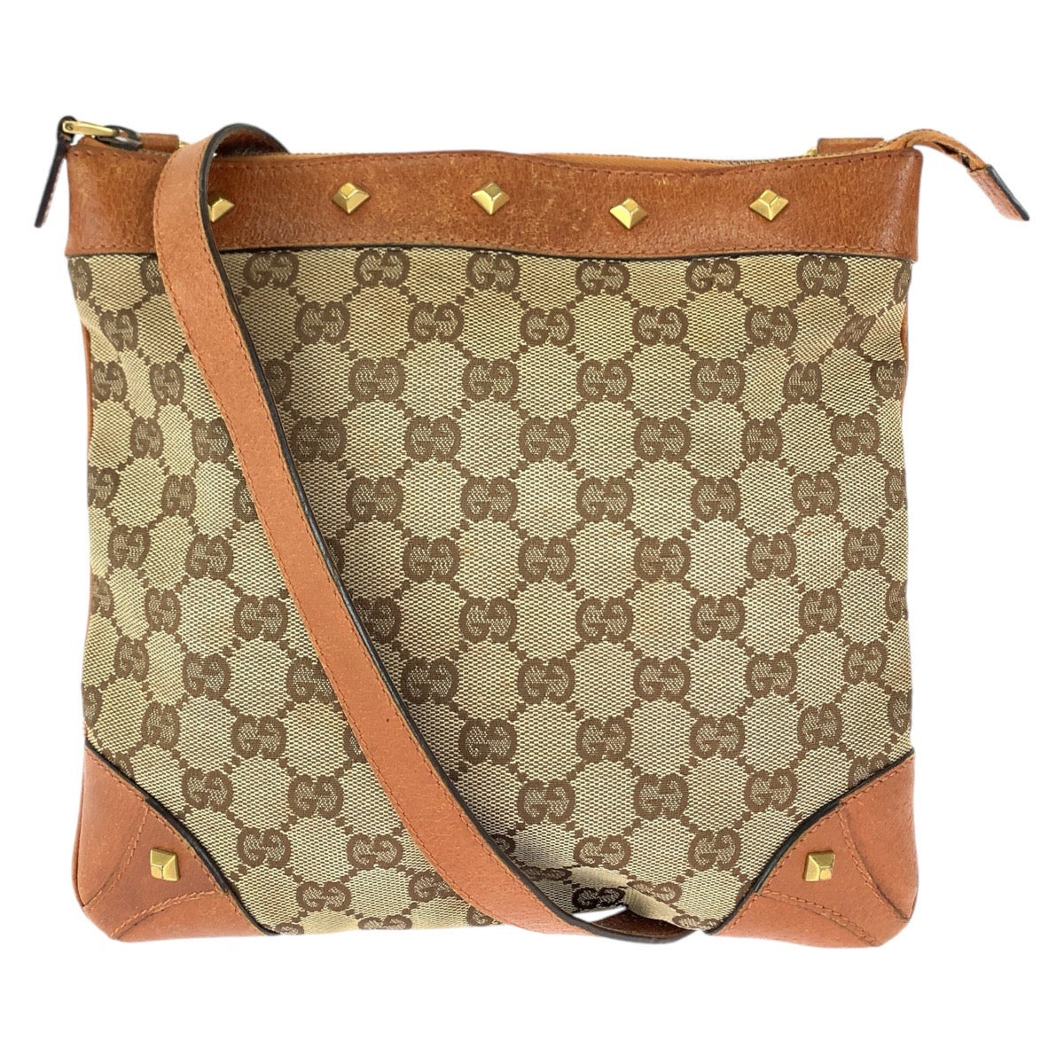 Gucci GG Canvas Leather Studded Brown Shoulder Bag