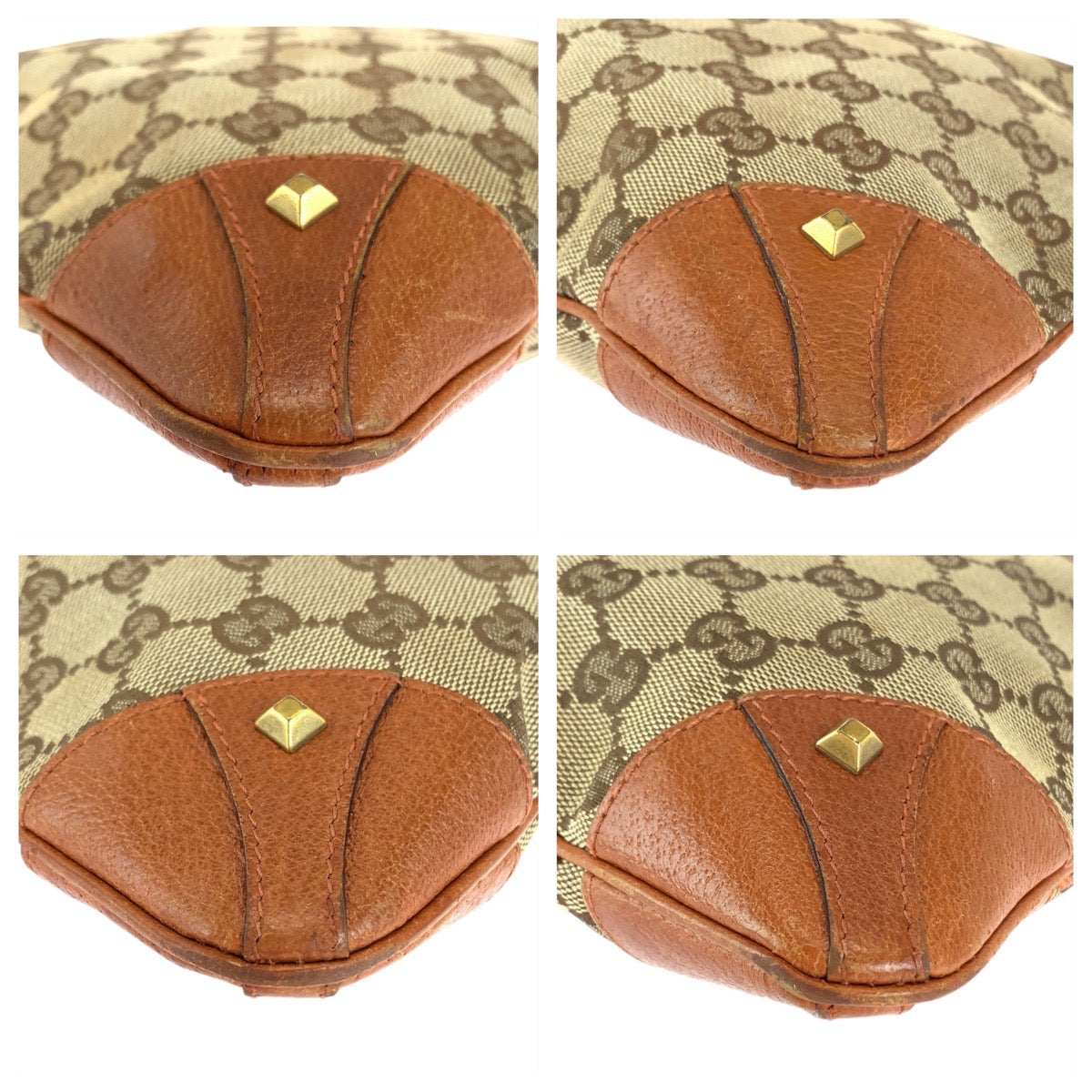 Gucci GG Canvas Leather Studs Brown Camel Gold Hardware Crossbody Bag in Very Good Condition