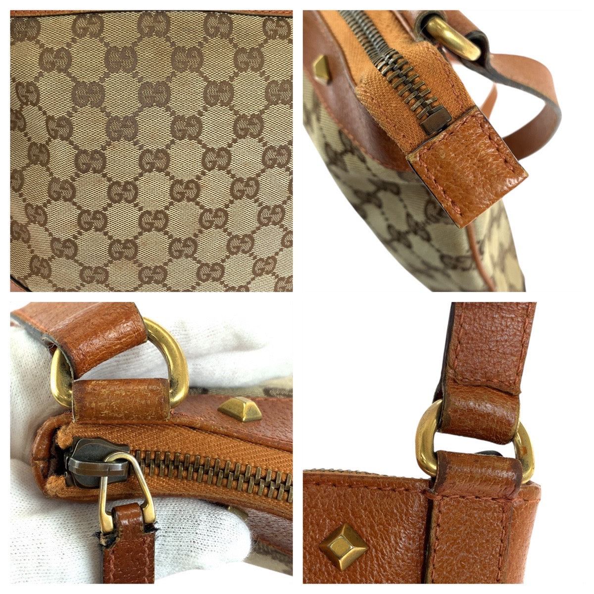 Gucci GG Canvas Leather Studs Brown Camel Gold Hardware Crossbody Bag in Very Good Condition